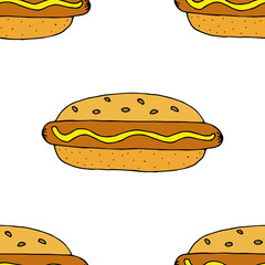 Hot dog. Seamless pattern. hand drawn vector illustration.