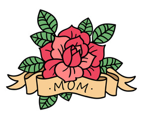 Rose tattoo with ribbon . Vector illustration art. Vintage engraving.