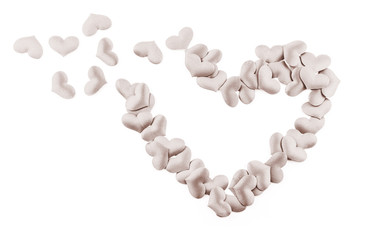 Valentines Day Heart Made of Red little cloth material hearts Isolated on White Background. Big Red Love Heart / seamless close up gift card / wedding