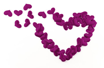 Valentines Day Heart Made of Red little cloth material hearts Isolated on White Background. Big Red Love Heart / seamless close up gift card / wedding