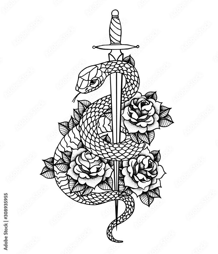 Wall mural tattoo with roses and snake, sword and dagger.