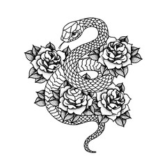 Tattoo with rose and snake with sacred geometry frame.