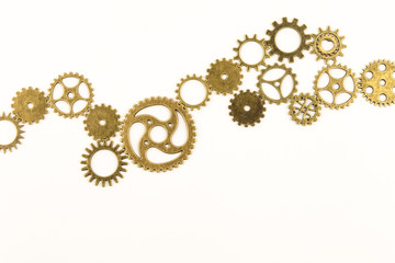 metallic gears background / Closeup of metal cog gears / close up texture pattern steampunk style and old mechanical peaces / decorative frame