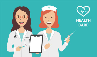 Female nurse and doctor on a blue background, flat illustration. The doctor is conducting a medical examination. Medical testing concept.