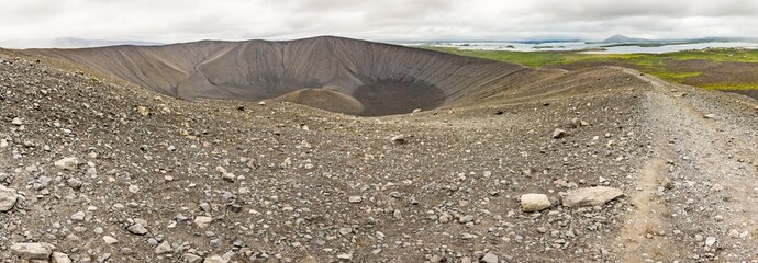 Panoramic picture of Hverfjall volcano crater on Iceland in summer