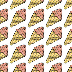Ice cream in a cone waffle cup.  Seamless pattern. hand drawn vector illustration.