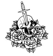 Tattoo with roses and snake, skull, sword and dagger.