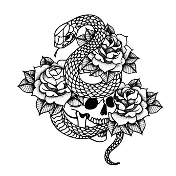 Tattoo with roses and snake, skull with sacred geometry frame.