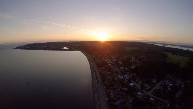Establishing Rural Oceanside Town Sunset Aerial