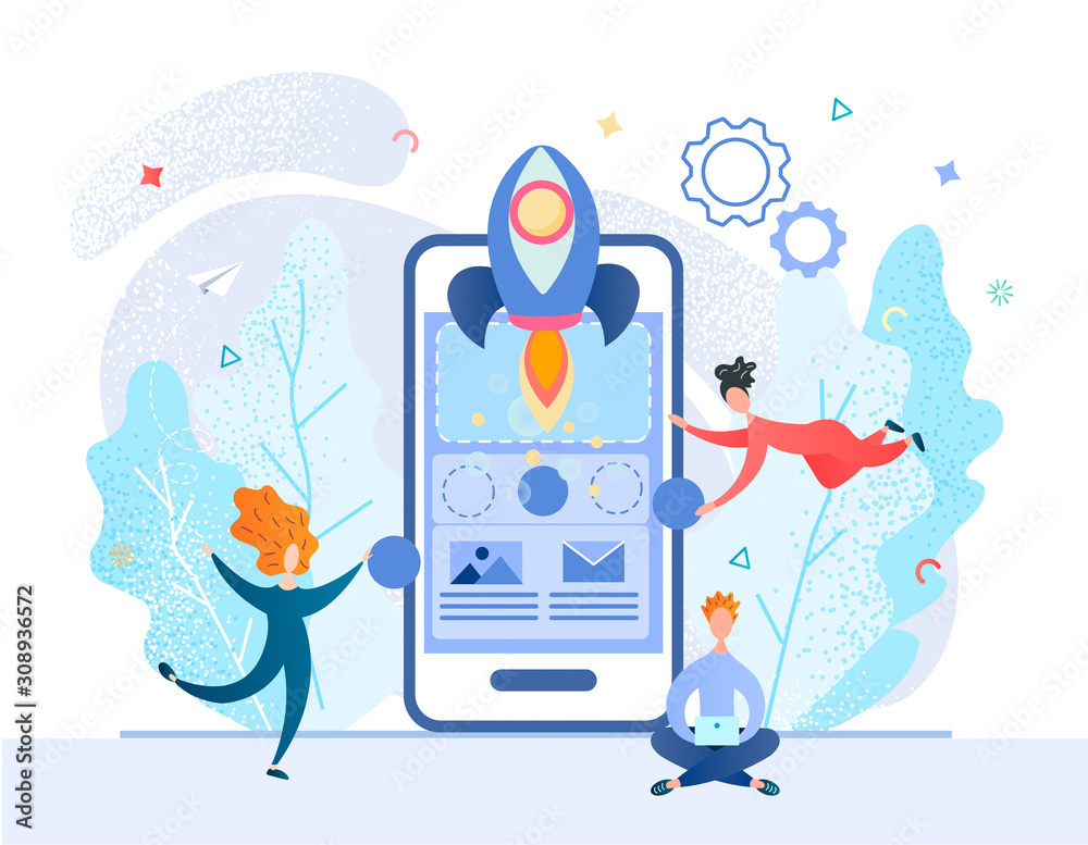 Wall mural people are working on creating a mobile application for a successful business.
