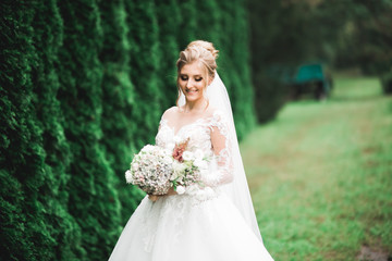 Fototapeta na wymiar Luxury wedding bride, girl posing and smiling with bouquet