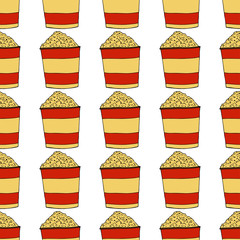 Popcorn in a striped box.A bucket of pop-corn. Seamless pattern. hand drawn vector illustration.