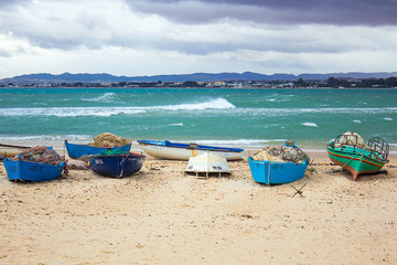 Boats on the beach in Hammamet, Tunisia, Mediterranean Sea, North Africa