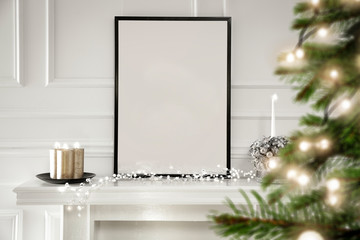White wooden fireplace shelf of free space for your decoration.Home interior with white wall and...