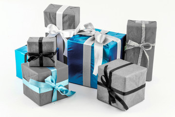 Big pile of colorful wrapped gift boxes isolated on white background. Mountain gifts. Beautiful present box with overwhelming bow. Christmas surprise icon. Happy new year decor, discounts, promotions.