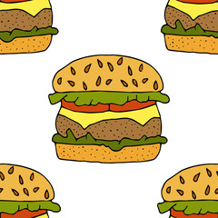 Hamburger, cheeseburger. Seamless pattern. hand drawn vector illustration.