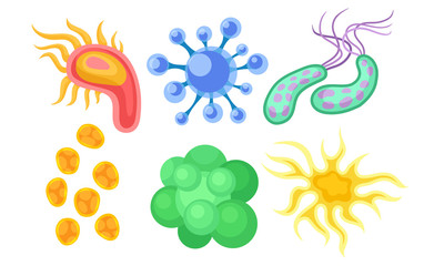 Fototapeta na wymiar Bacterias and Germs Collection, Different Types of Colorful Microbes, Viruses, Protozoans, Fungi Vector Illustration