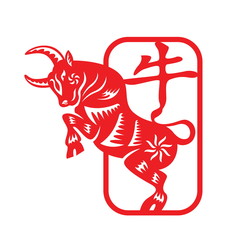 Red paper cut chinese Ox cow zodiac in frame and china word mean ox vector design