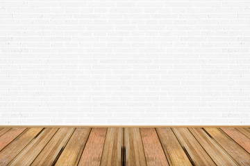 Empty living room with wooden floor and white painted brick wall background. For design interior.