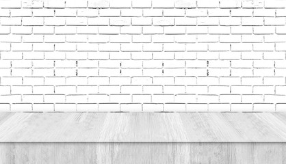 White wood table studio with white brick wall. Background for advertise product or web banner.