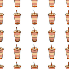Glass of drink with a lid and a straw.Seamless pattern. hand drawn vector illustration.