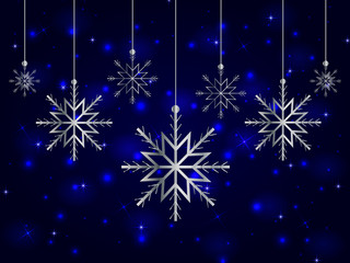 Fototapeta na wymiar Silver Christmas snowflakes on a bright blue shimmering background with highlights and stars. Festive New Year and Christmas background.
