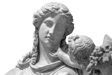 Marble head sculpture of young woman, ancient Greek goddess art bust statue isolated on white...