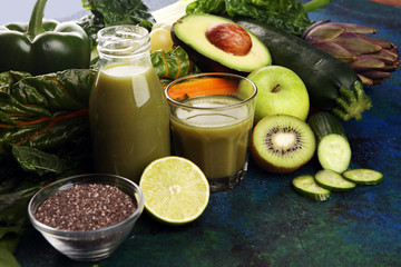 Healthy green smoothie and ingredients - detox and diet for health