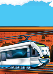 Fototapeta premium Cartoon funny looking train on the train station near the city with space for text - illustration for children