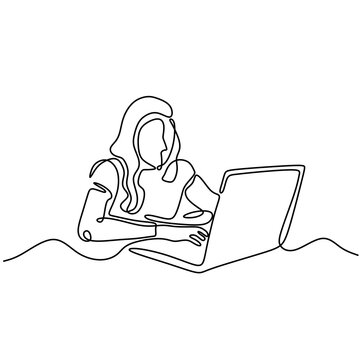 recommend clip art: One line drawing of woman sitting with laptop computer doing job task. Girl working concept of secretary.