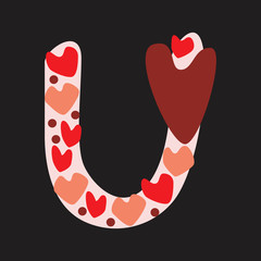 A letter U with red and pink doodle hearts isolated on black background, a vector stock illustration with romantic font letters for Valentine's day, anniversary, love date, wedding
