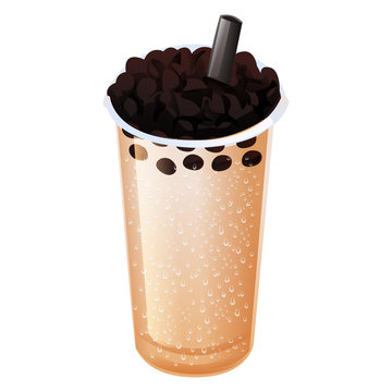 graphic cartoon boba bubble milk tea in plastic glass isolated on white background
