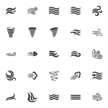 Wind blow vector icons set, modern solid symbol collection, filled style pictogram pack. Signs, logo illustration. Set includes icons as hurricane, tornado swirl, air waves, land breeze, conditioning