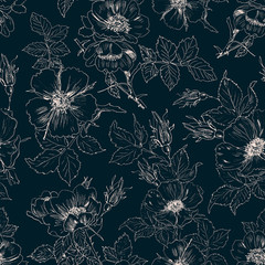 Seamless floral background with rosehips. Hand-drawn pattern with flowers. Delicate and minimalistic design for printing on fabric, paper. For postcards, invitations and other projects.