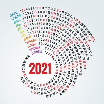 Colorful round calendar 2021 Calendar. Portrait Orientation. Set of 12 Months. Planner for 2021 Year.