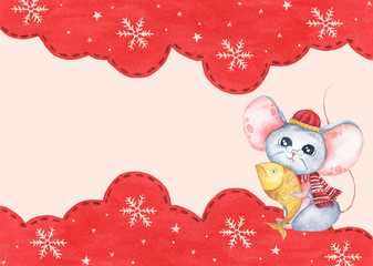 Little mouse holding a fish with snow flake in red sky winter season background. Watercolor holiday card for invitations, greetings. Winter border for your design.