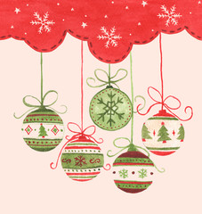 Christmas ball hanging on red sky winter season background for merry christmas and happy new year. Watercolor Christmas card for invitations, greetings.