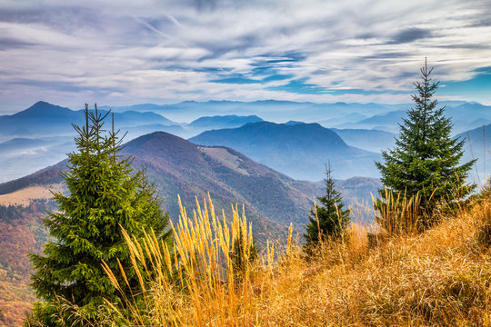 Mountain landscape at autumn season. The Vratna valley at the national park Mala Fatra, Slovakia, Europe.