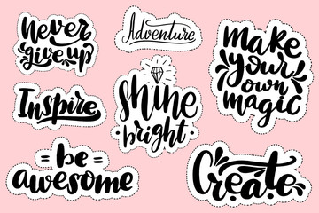  Stickers with hand drawn typography lettering inscriptions. 