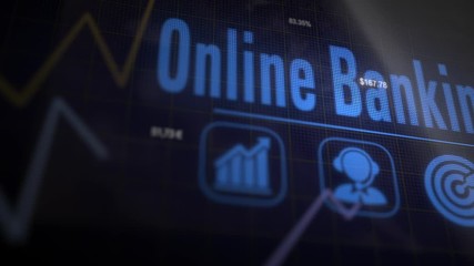 Open Banking business concept on a flashing computer monitor with moving graphs and data. - Powered by Adobe