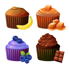cartoon graphic 4 type of cup cake banana cake, caramel cake, blueberry cake, chocolate cake