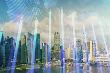 Forex chart on cityscape with skyscrapers wallpaper multi exposure. Financial research concept.