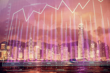 Multi exposure of forex chart drawings over cityscape background. Concept of success.