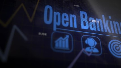 Open Banking business concept on a flashing computer monitor with moving graphs and data. - Powered by Adobe