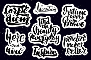 Stickers with hand drawn typography lettering inscriptions.