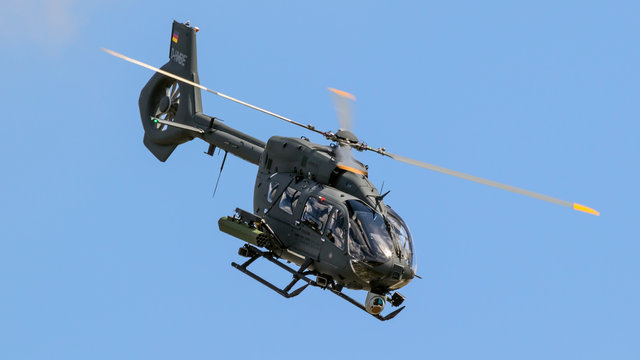 BERLIN - APR 27, 2018: New Airbus H145M military helicopter in flight at the Berlin ILA Air Show.