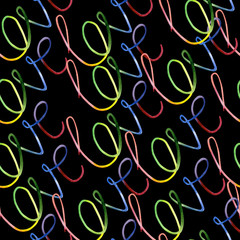 Abstract hand written seamless pattern love text. Watercolor cute lettering inscription for banner, poster or greeting card on dark background. Valentine's Day typography.