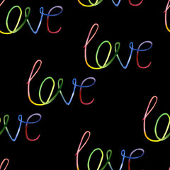 Abstract hand written seamless pattern love text. Watercolor cute lettering inscription neon color for banner, poster or greeting card on dark background. Valentine's Day typography.