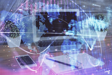 Multi exposure of business theme icons and work space with computer background. Concept of success.