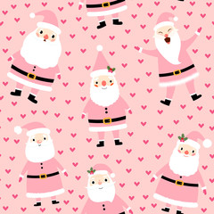 Cute Christmas seamless pattern with Santa Claus and hearts on pink background for holiday designs